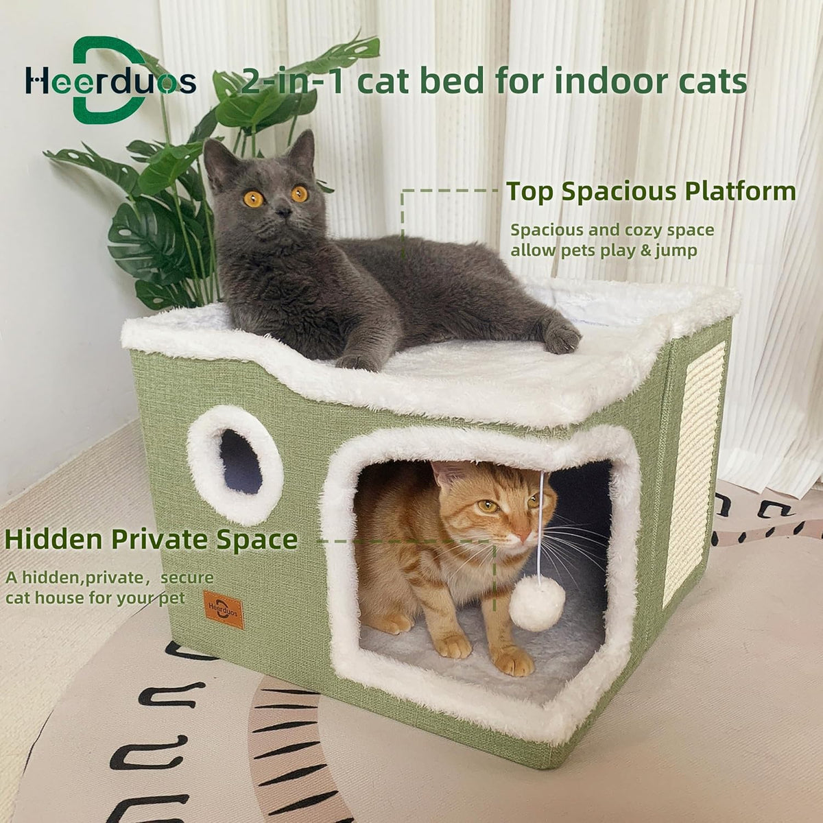 Cat Bed for Indoor Cats,Covered Cat Cave House & Furniture with Scratch Pad,Foldable Cat Hideaway Hut Cute Cat Condo with Soft Washable Mat for Multi Small Pet Under 30 lbs,Green