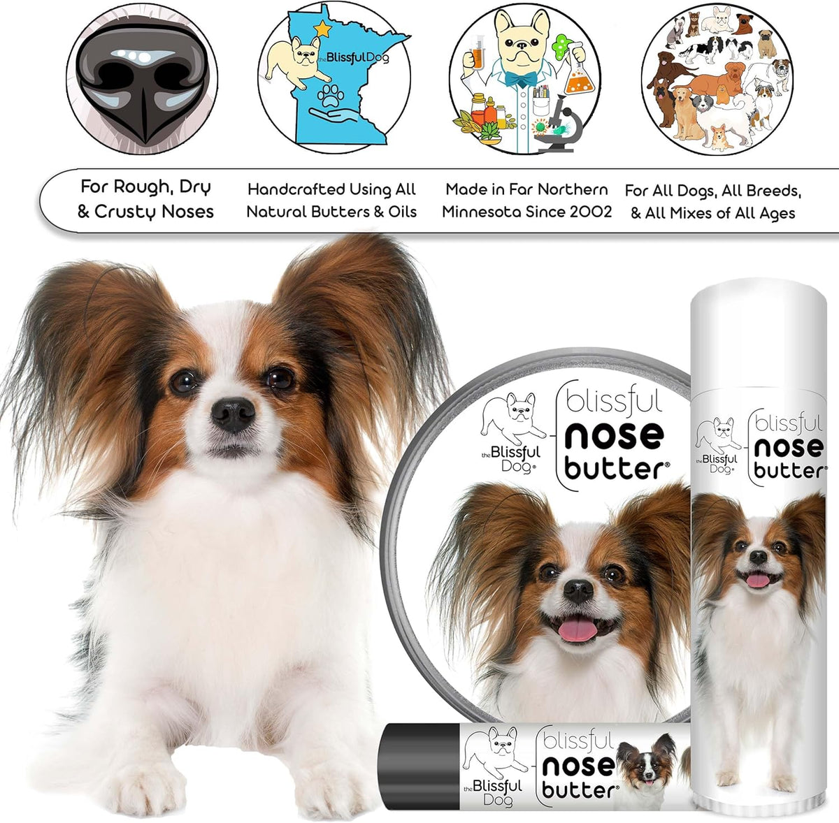 The Blissful Dog Papillon Nose Butter for Dry, Cracked Skin, Lick-Safe Dog Nose Balm with Moisturizing Shea Butter, Almond, Olive, and Essential Oils, Pet Supplies, Uncented, 0.15 oz.