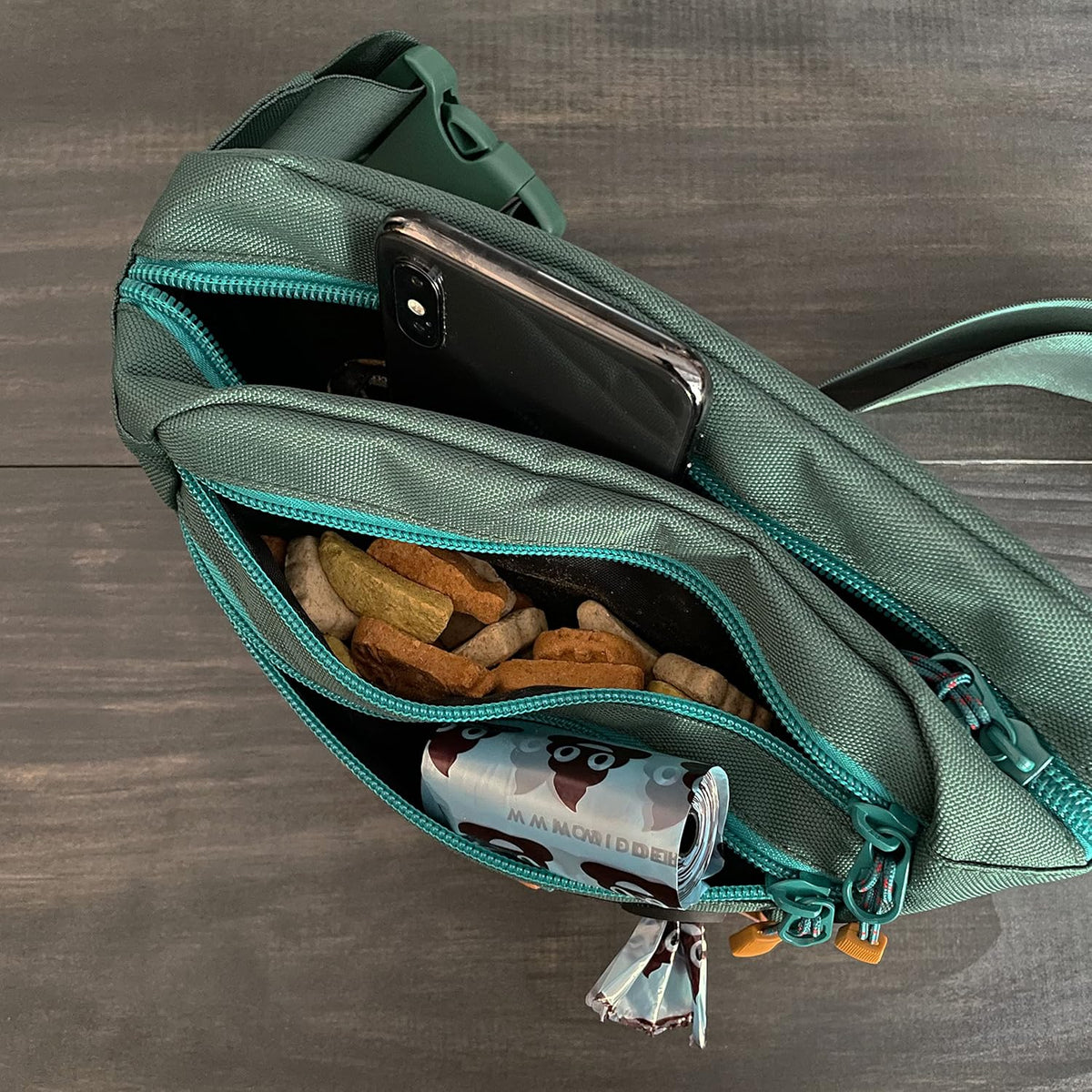 Wilderdog Utility Fanny Pack stores Treats, Balls, Keys in 3 Pockets with adjustable strap and Poop Bag dispenser (Evergreen)