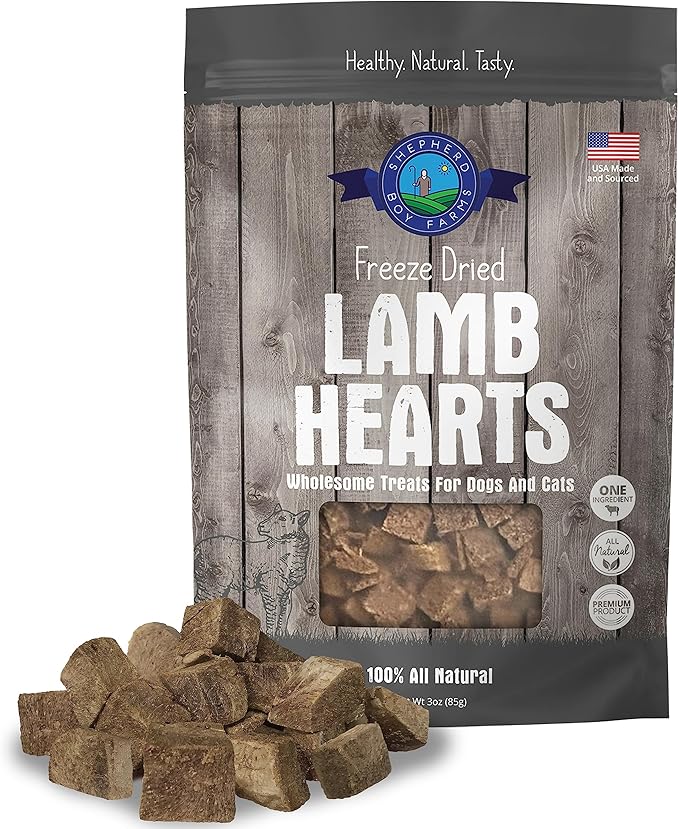 Shepherd Boy Farms Freeze Dried Dog and Cat Treats, Lamb Heart, All Natural Single Ingredient Freeze-Dried Dog Treat & Snacks, Made in USA, High Protein, Essential Nutrition of Raw Food, 3oz