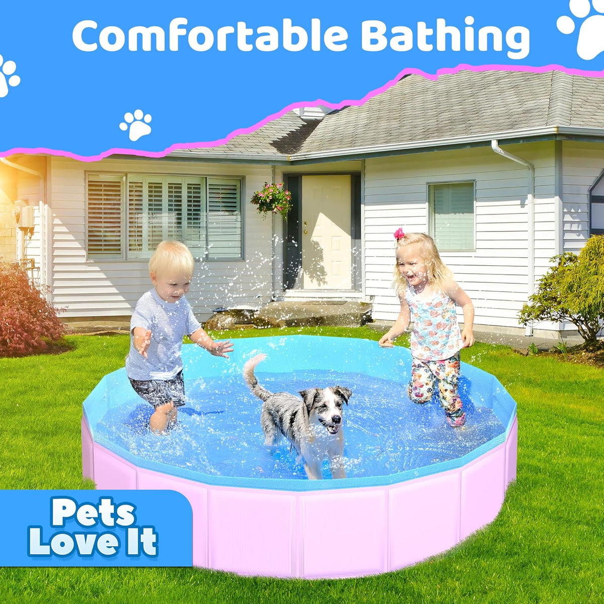 2025 Updated Foldable Dog Pool, 87" x 12" Kiddie Pool with Hard Plastic, Non-Slip Dog Bath Tub for Outdoor Backyard, Collapsible Dog Swimming Pool for Kids Dogs Pets (Pink)