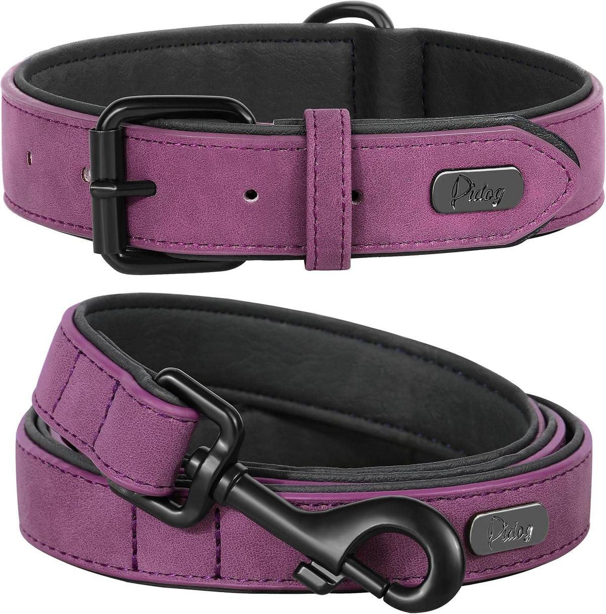 Didog Soft Padded Leather Dog Collar and Leash Set, Heavy Duty Dog Leash and Collar Set with Metal Buckle, Breathable Dog Collars with 4FT Leather Dog Leash for Small Medium Large Dogs, Purple, XL