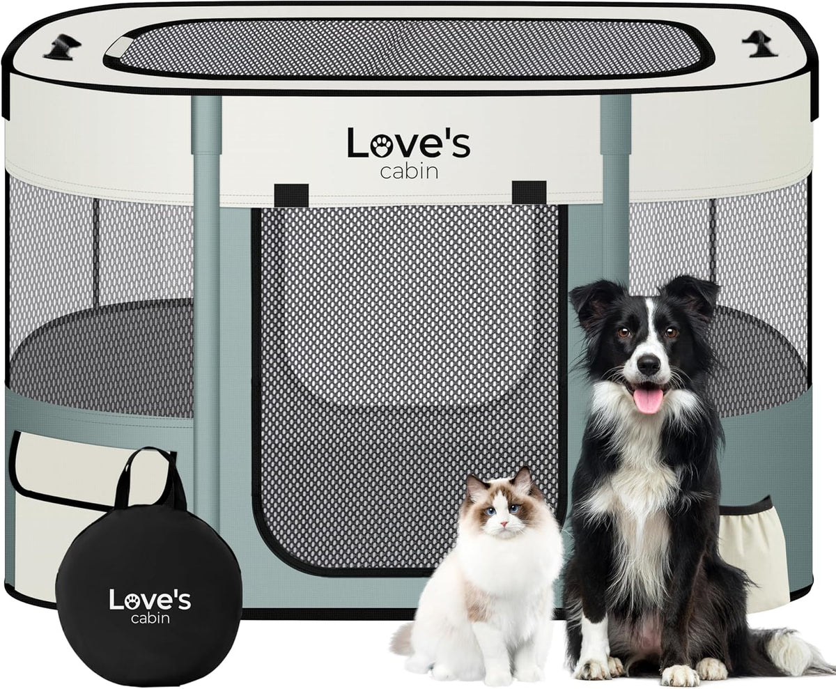 Love's cabin Pet Puppy Dog Playpen, Medium Dog Tent Crates Cage Indoor/Outdoor, Portable Exercise Playpen for Cat, Foldable Pop Up Dog Kennel Playpen with Carring Case (M, Gray Green)