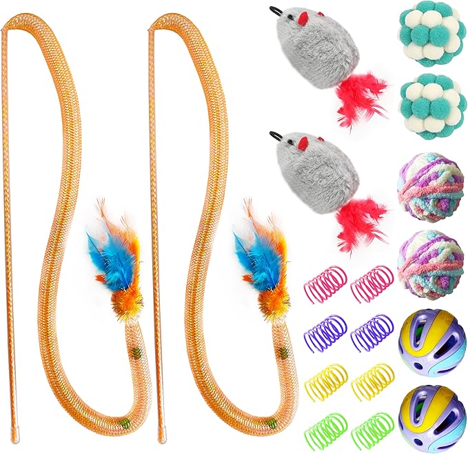 Cat Toys Set for Indoor Cats – 18PCS Cat Toys with Teaser Wand, Mouse, Ball, Spring Toys for Kittens, Interactive Cat Teaser Toys for Bored Cats Exercise and Play