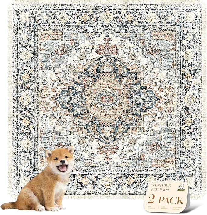 nunubaby Washable Pee Pads for Dogs, Stylish, Non-Slip and Leak-Proof Pee Pads. Reusable Potty Pads for Dogs for Crates and Floors.(Beige/Multi, 48" x48" )