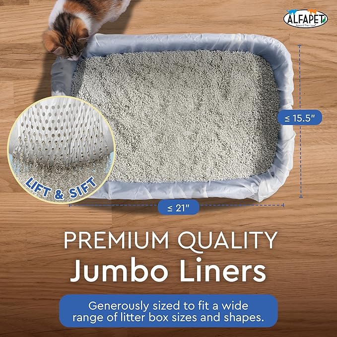 Alfapet Sifting Cat Litter Box Liners - Jumbo 15 Count, Pack of 5 - Tear-Resistant Cat Litter Bags, Waterproof Kitty Litter Liners, Fits Litterbox Pan Sizes X-Large, X-Giant, 37" x 18" 30 lb Capacity