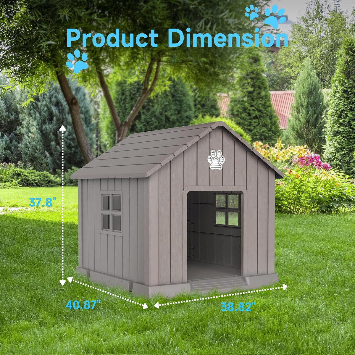 DRATO Dog House Indoor Outdoor for Small to Large Sized Dogs Indoor Outdoor Doghouse Puppy Shelter with Elevated Floor, Easy to Assemble (Light Brown, 38Inch(37.8 * 40.87 * 38.82))
