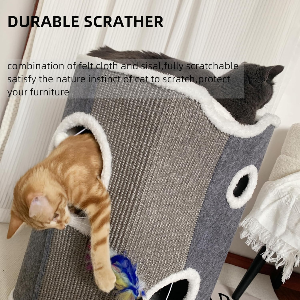 Cat House - Large Cat Cave with Fluffy Ball Hanging and Scratch Pad, Foldable 16.9x15x13 inches