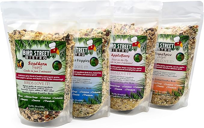Bird Street Bistro Parrot Food Sample 4 Pack - Parakeet Food - Cockatiel Food - Bird Food - Cooks in 3-15 min w/Natural & Organic Grains - Healthy, Non-GMO Fruits, Healthy Orientated Spices