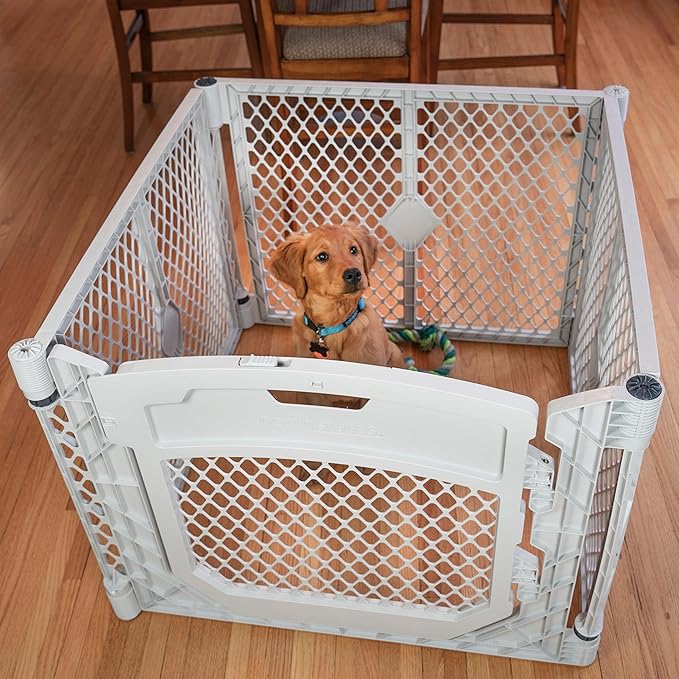 MyPet North States Petyard Plus: 3 Ft. Wide Folding Dog Playpen Indoor or Outdoor. 4-Panel Freestanding Play Pen Dog Gate Made in USA. 26" Tall, Light Gray