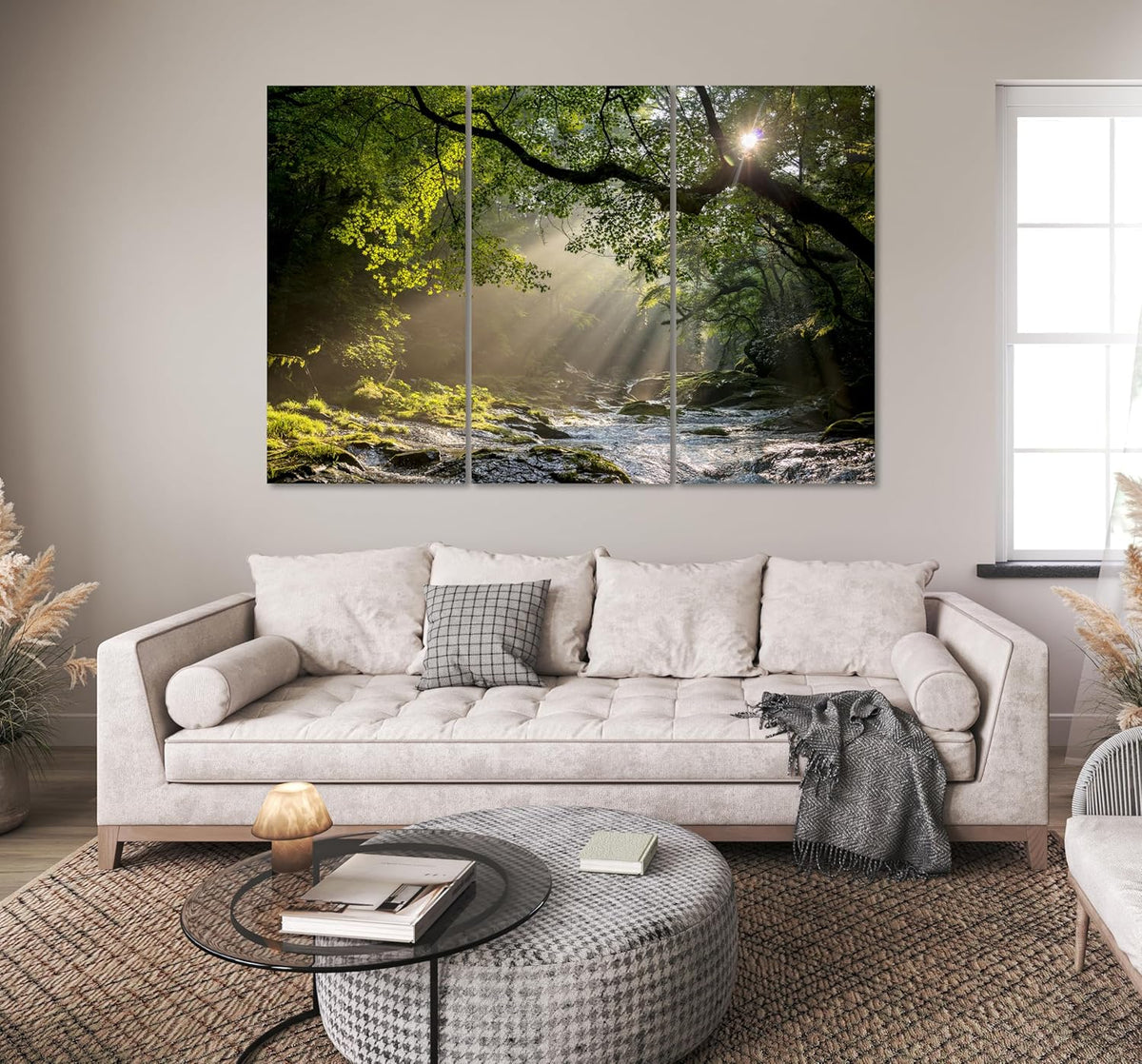 Nature Wall Art Prints - Ocean Forest Mountain Lake Canvas Landscapes - Small to Extra Large Living Room Bedroom Kitchen Bathroom Décor (Rocky River in the Woods, 39L" x 59W" - 3 Panels)