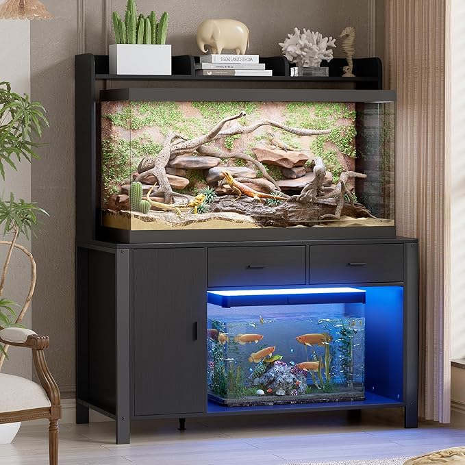 PAKASEPT 120 Gallon Reptile Tank Stand with LED Lights & Power Outlet,4x2x2 Large Reptile Terrarium Enclosure Stand with Storage Cabinet, for Bearded Dragons, Snakes, Lizards,Black