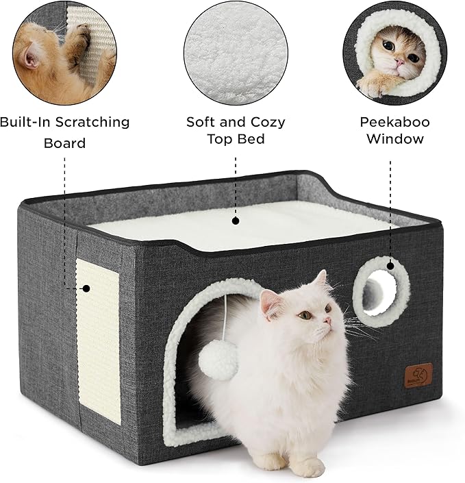 Bedsure Large Cat Beds for Indoor Cats - Extra Wide Cat Cube House for Small Pet with Fluffy Ball Hanging and Scratch Pad, Foldable Pet Cave Hideaway for Multiple Cats, 23.6x16.9x13 inches, Dark Grey