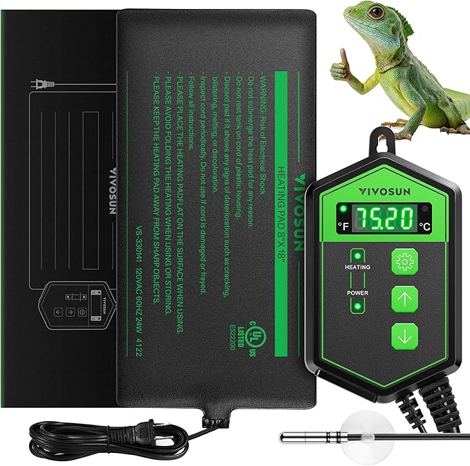 VIVOSUN Reptile Heating Pad 8x18 Inch with Thermostat Combo Under Tank Terrarium Heating Mat for Turtles, Lizards, Frogs, and Other Reptiles