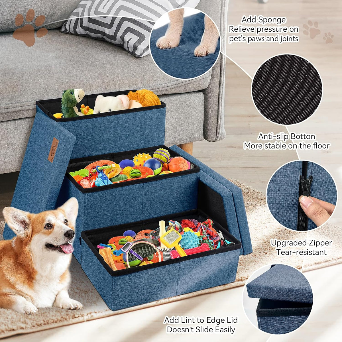 Dog Stairs with Storage 18" H, 3-Step Wider Dog Steps for Large/Medium/Small Older Dogs Cats, Folding Sturdy Pet Stairs Climbing Bed or Couch, Ramp for Car Up to 200 lbs, Navy, No Condo