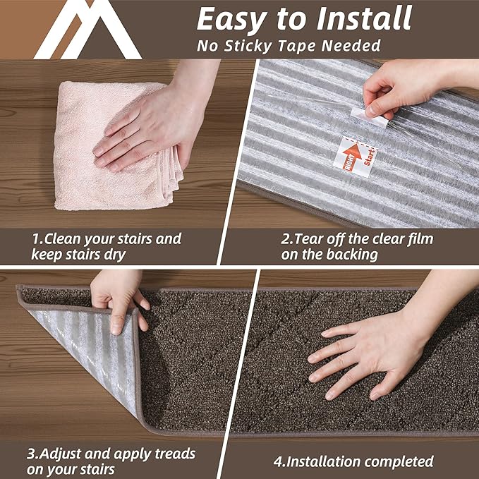 COSY HOMEER Edging Stair Treads Non-Slip Carpet Mat 28inX9in Indoor Stair Runners for Wooden Steps, Edging Stair Rugs for Kids and Dogs, 100% Polyester TPE Backing (4pc, Brown)