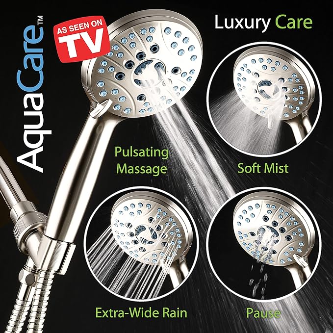 Hotel Spa AquaCare High Pressure 8-mode Handheld Shower Head - Anti-clog Nozzles, Built-in Power Wash to Clean Tub, Tile & Pets, Extra Long 6 ft. Hose, Wall & Overhead Brackets - 1.8 GPM