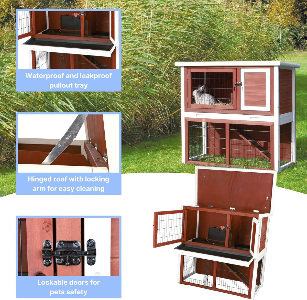 TRIXIE natura Outdoor Rabbit Hutch with Run - 2-Story Rabbit Cage with Non-Slip Ramp - Medium Elevated Small Animal House with Secure Playpen, Hinged Roof & Pull-Out Tray - in Auburn/White