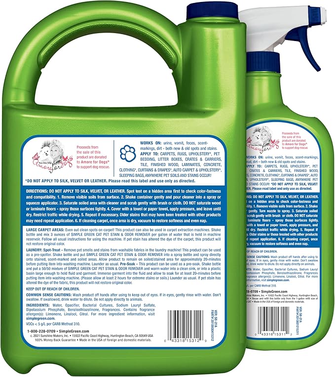 Simple Green Cat Stain & Odor Remover - Enzyme Cleaner for Cat Urine, Feces, Blood, Vomit (32 oz Sprayer & 1 gallon Refill)