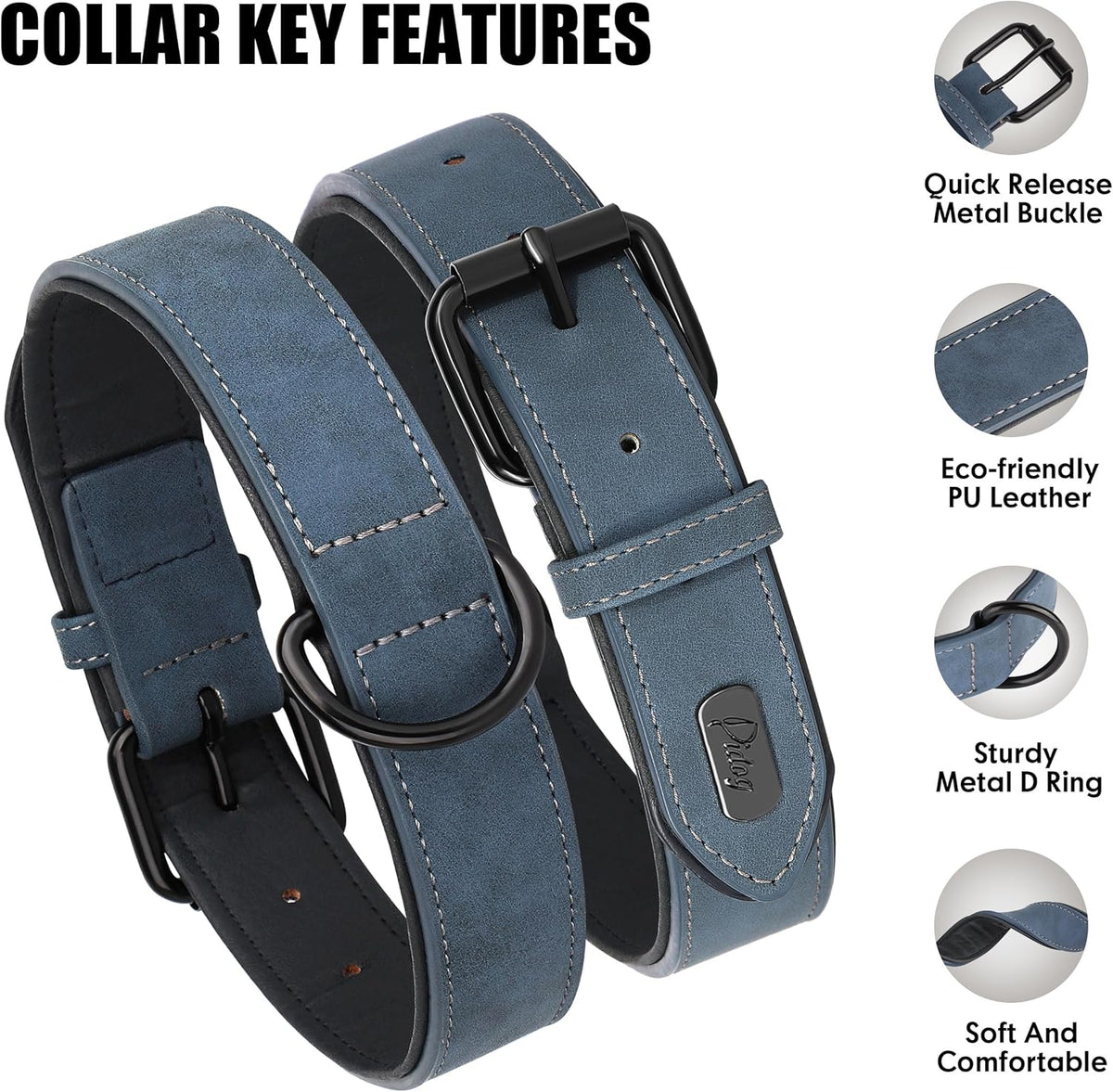 Didog Soft Padded PU Leather Dog Collar, Breathable and Adjustable Dog Collars for Medium Dogs, Comfortable for Daily Walk, Blue, L Fit Neck 13-17"(22-44 lbs)