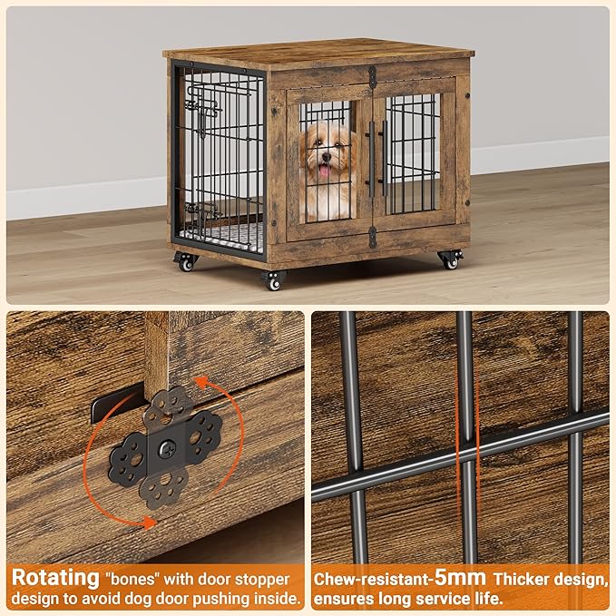 Lulive Small Dog Crate Furniture Set of 2, Dog Kennel Indoor Double Doors Wooden Dog Cage, 27' Heavy Duty Dog Crate with Cushion & Wheels, End Table Pet House Chew-Resistant Up to 30 lb, Rustic Brown