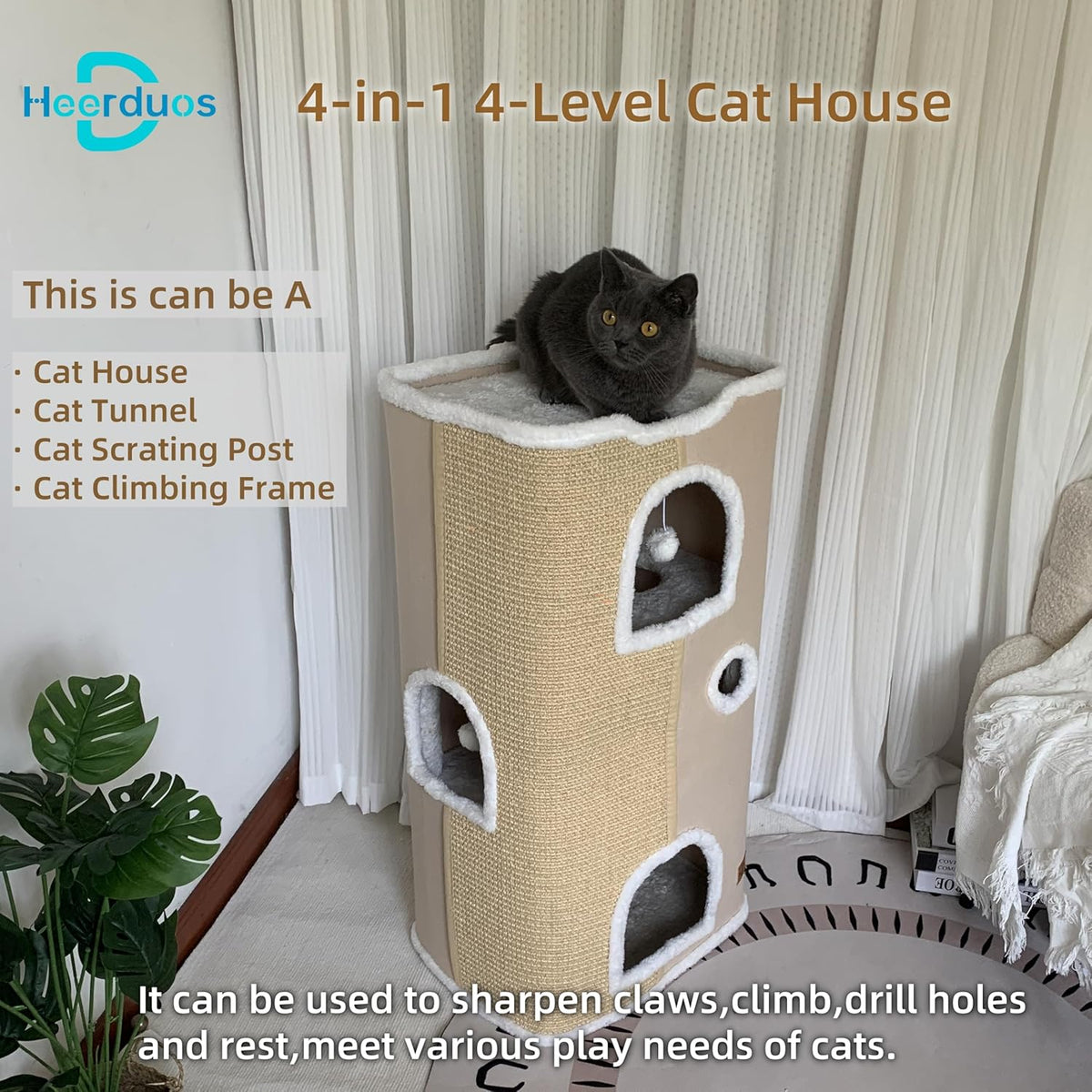 Cat House - Large Cat Cave with Fluffy Ball Hanging and Scratch Pad, Foldable 16.9x15x13 inches