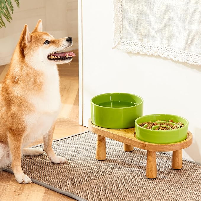 Ceramic Slow Feeder and Water Bowl Set for Small Dogs, Ceramic Dog Bowls Elevated with Wooden Stand, 0.6 Cups Dog Slow Feeder(14oz) and 30oz Water Bowl Set, Green