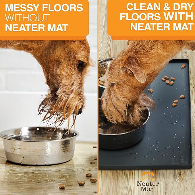 Neater Pet Brands Neater Mat Pet Mats for Food and Water, Cat & Dog Bowl Mat Waterproof Silicone, Feeding Tray, Dog Food Mats for Floors, Placemat w/Raised Edge for Under Bowls, 32" x 24", Black