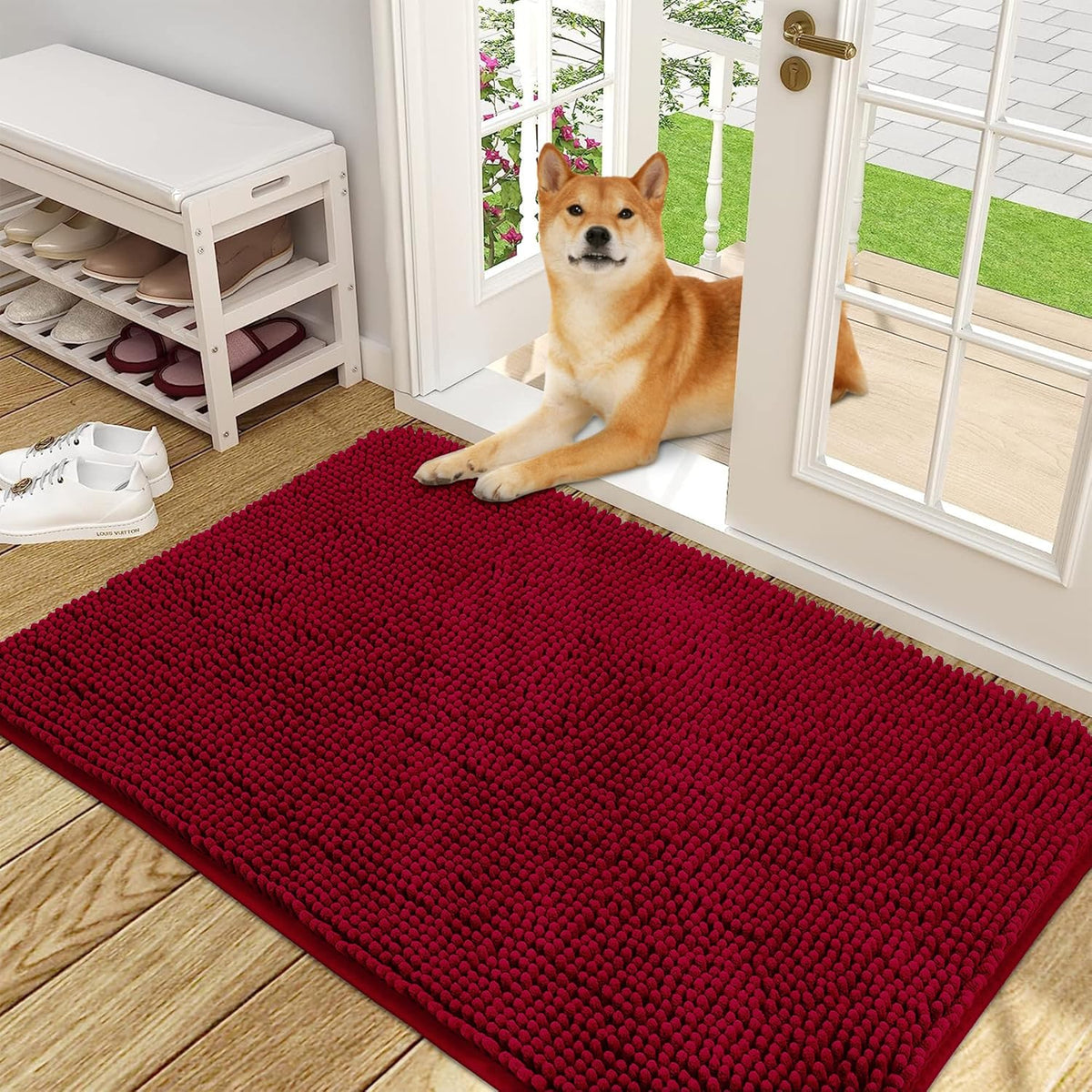 OLANLY Dog Door Mat for Muddy Paws 48x30, Absorbs Moisture and Dirt, Absorbent Non-Slip Washable Doormat, Quick Dry Chenille Mud Mat for Dogs, Entry Indoor Entryway Carpet for Inside Floor, Red