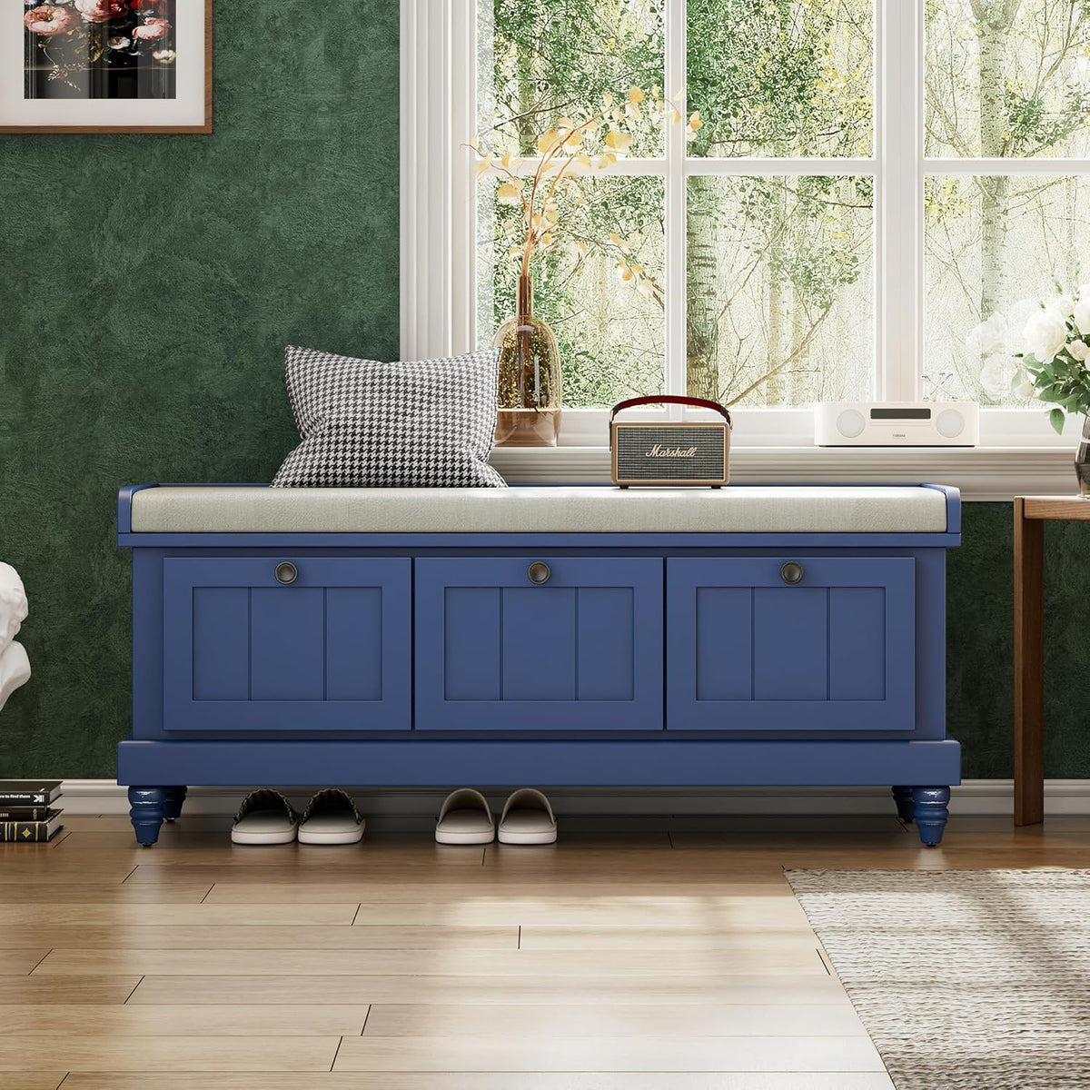 Classic Shoe Storage Bench with Cushion and Three Drawers, Fluted Entryway Bench with Storage for Entryway, Living Room, Hallways 44.0" L x 15.9" W x 18.9" H Antique Navy