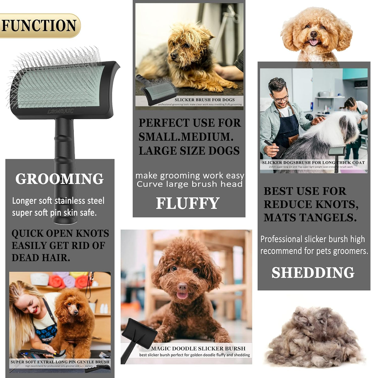 Dog Slicker Brush for Poodles,Doodles,Goldendoodles Grooming Fluffy Shedding Tangles Mats Knots Easy and Quick Best Dog Slicker Brush for Long Thick Curly Coat Labradoodles Dematting.25mm(1'')