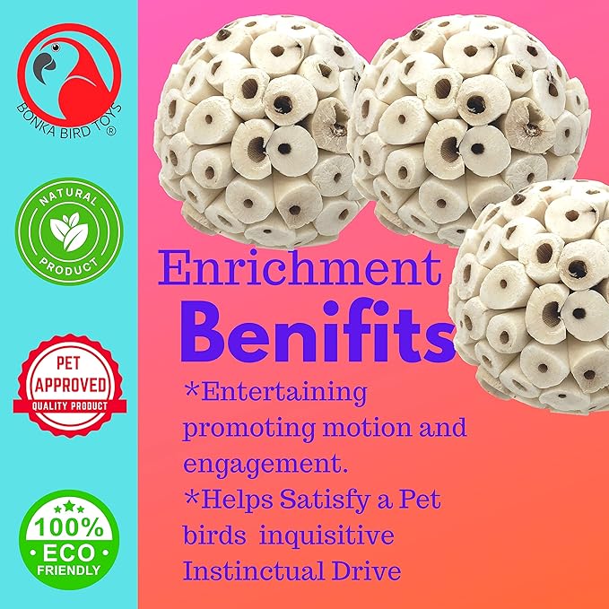 Bonka Bird Toys 1214 Pk3 All-Natural Sola Atta Balls, 3-Pack, 2" Diameter, Soft and Lightweight Chew and Foot Toys for Birds, Small Pets, and DIY Crafts, Safe for Parrots, Parakeets, and Cockatiels