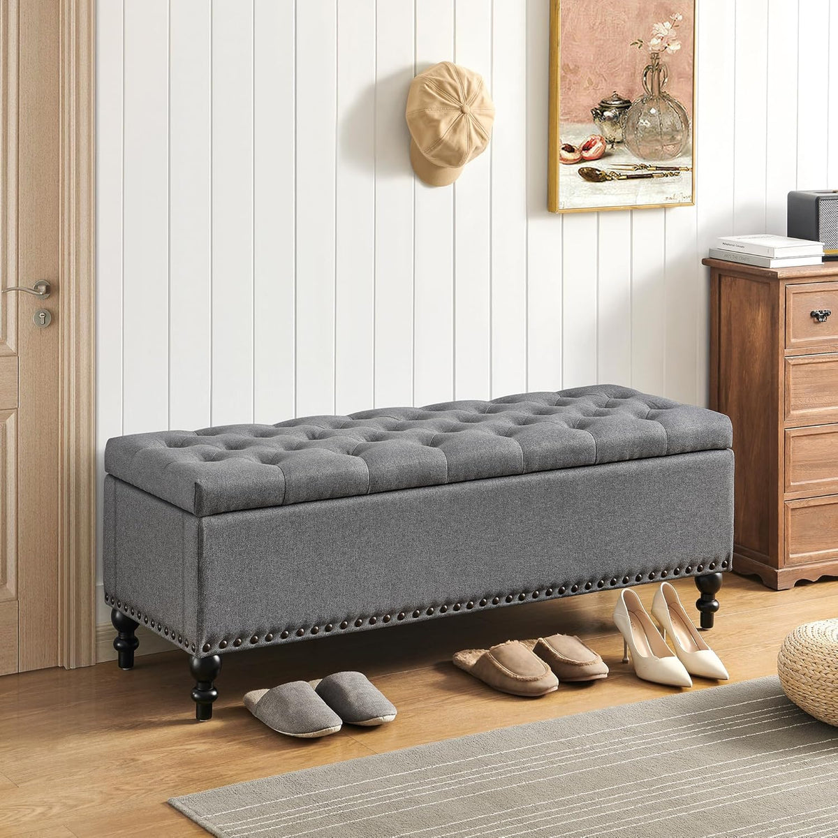 Ottoman with Storage,50.2-inch Upholstered End of Bed Storage Bench for Bedroom,for The Living Room,for Entryway, with Rivets & Button and Safety Hinges,Detachable (Grey)