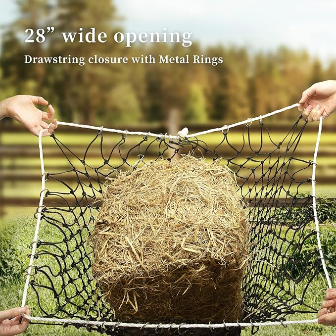 Bloomoak Slow Hay Net Feeder for Horses, Durable Soft Black PE 2/3 String Hay Bales Bags, Fit 36x18x18 to 47x25x17 Inches, Extends 50-64 Inches (2 1.6" Hole/1PC)