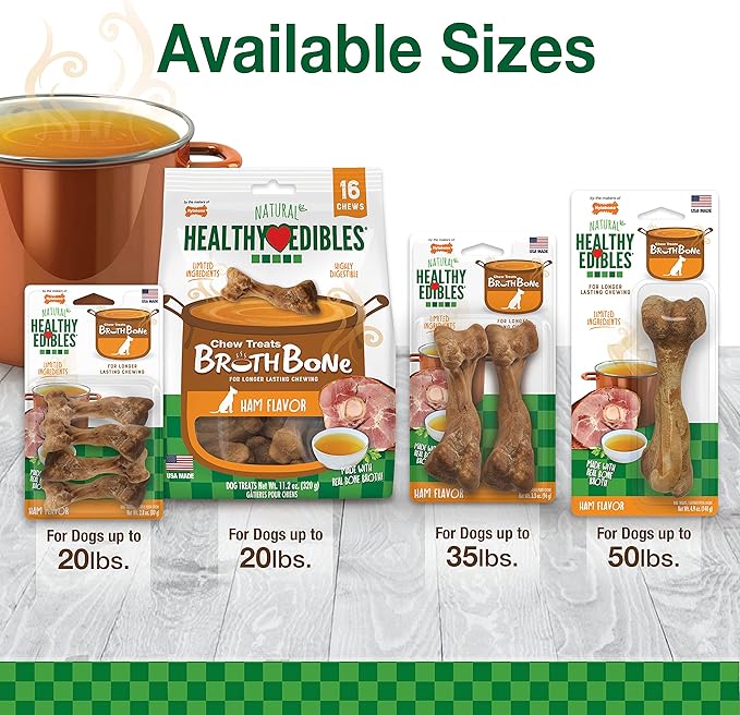 Nylabone Healthy Edibles Broth Bone Natural Dog Chews Long Lasting Treats Ham Flavor Small/Regular - Up to 25 Ibs. (16 Count)
