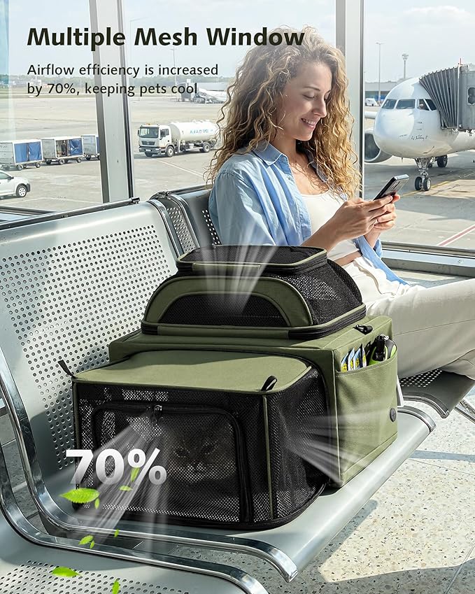 Pecute Top Side Expandable Pet Carrier Airline Approved Dog Cat Carrier, Breathable Soft-Sided with Locking Zippers, Pet Travel Bag for Small Dog Cat Leakproof Pee Pad (Olive Green)
