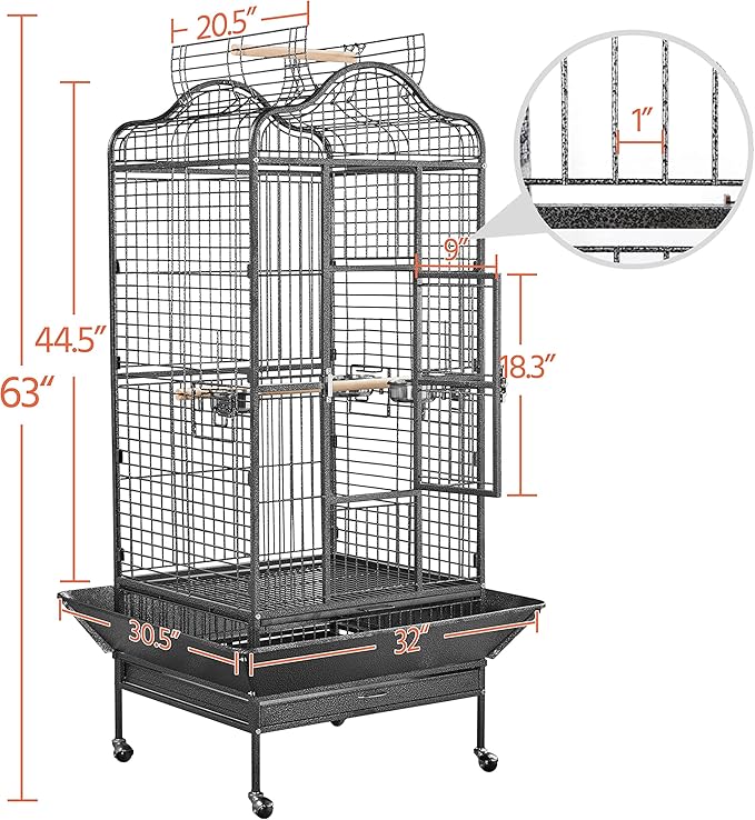 Yaheetech Extra Large Bird Cage 63'' Open Play Top Bird Cage for African Grey Parrots/Amazon Parrot/Caiques/Macaw with 360° Wheels
