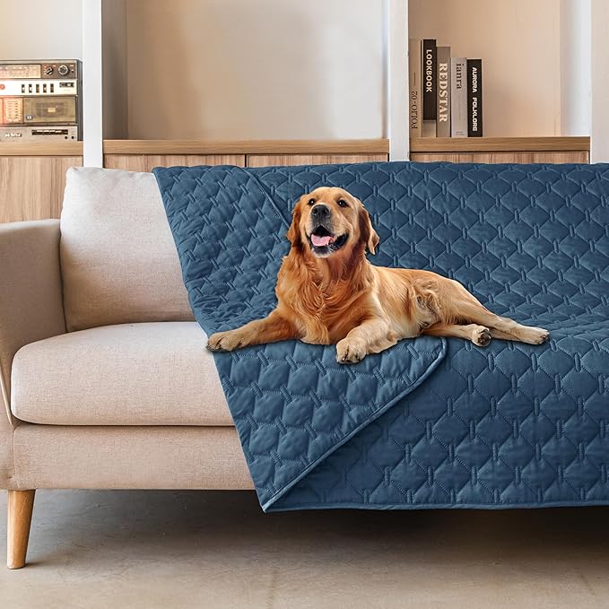 gogobunny 3X Stronger Waterproof Pet Blanket, Scratch Proof Furniture Protector for Dogs Cats, Reversible Cover 82x82 Inch, Dark Blue