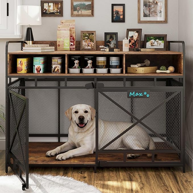 Dog Crate Furniture, 48" Heavy Duty Wooden Dog Crate End Table, XL Dog Kennel Furniture Large Breed, Decorative Dog Kenne Indoor with 3 Drawers & Steel Tubes 48" L x28 W x36 H (Rustic Brown)