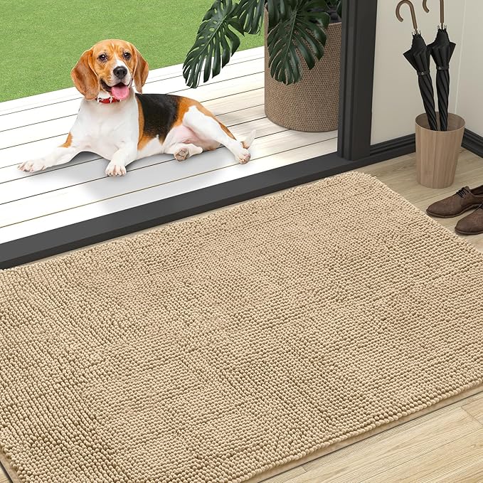 OLANLY Dog Door Mat for Muddy Paws 47x32, Absorbs Moisture and Dirt, Absorbent Non-Slip Washable Doormat, Quick Dry Chenille Mud Mat for Dogs, Entry Indoor Entryway Carpet for Inside Floor, Beige
