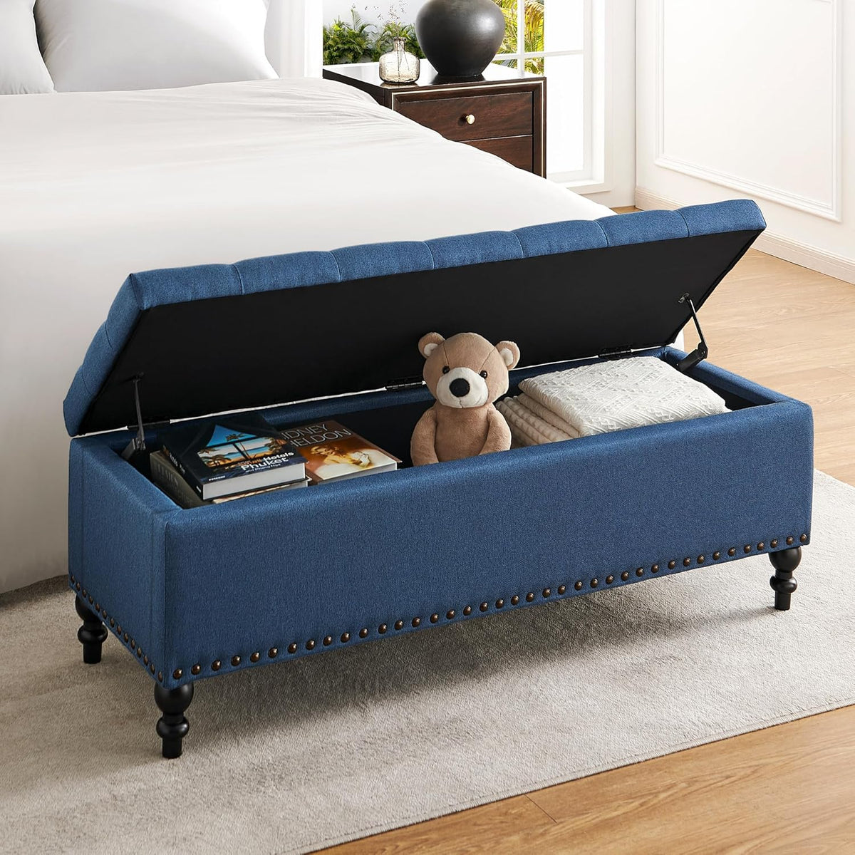 Ottoman with Storage,50.2-inch Upholstered End of Bed Storage Bench for Bedroom,for The Living Room,for Entryway, with Rivets & Button and Safety Hinges,Detachable (Blue)