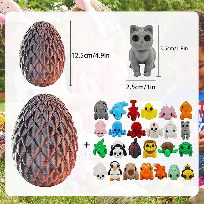 25 pcs Mini 3D Printed Animal Figurines Set with Dragon Egg: Articulated, Flexible, and Exquisitely Cute Fidget Toys for Play and Display for Valentine's Day, Easter, Bithday