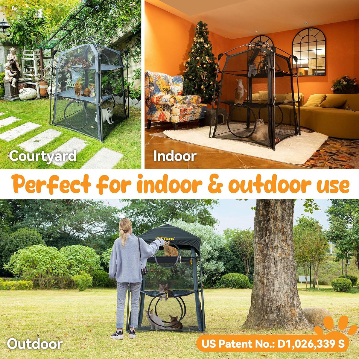 X-Large Catio Outdoor Cat Enclosure and Cat Tower Tent for Indoors and Outdoor,3 Tier Spacious Cat Tent,Portable and Foldable Catio,Two Doors Design can Assemble More Shapes (Patented)