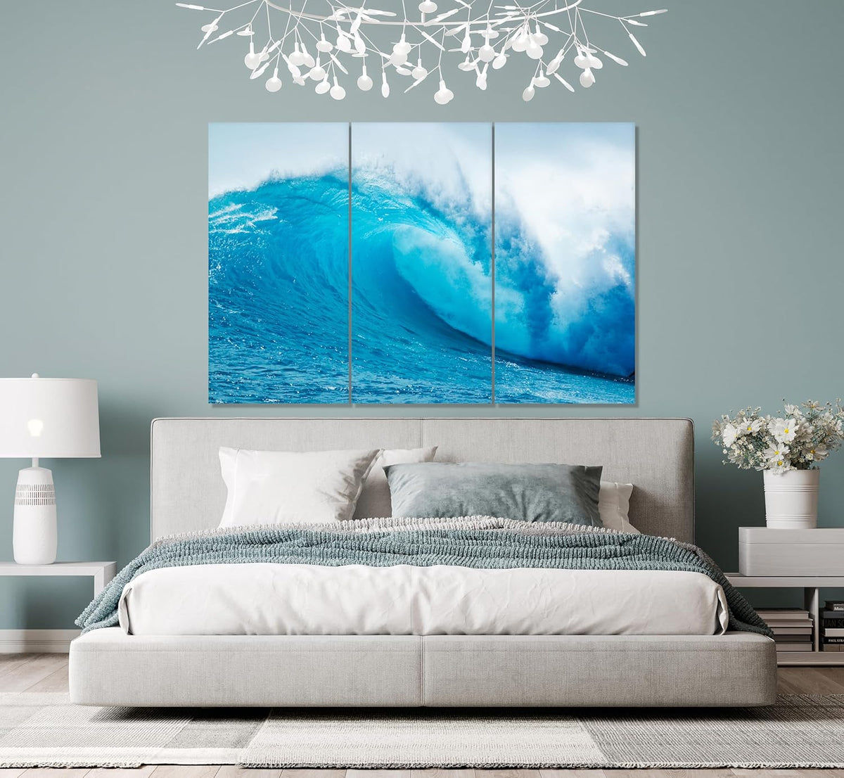 Nature Wall Art Prints - Ocean Forest Mountain Lake Canvas Landscapes - Small to Extra Large Living Room Bedroom Kitchen Bathroom Décor (Blue Ocean Wave, 47L" x 71W" - 3 panels)