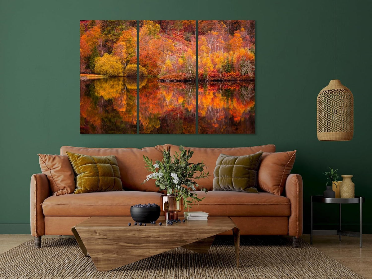 Nature Wall Art Prints - Ocean Forest Mountain Lake Canvas Landscapes - Small to Extra Large Living Room Bedroom Kitchen Bathroom Décor (Autumn Forest with Lake, 47L" x 71W" - 3 panels)