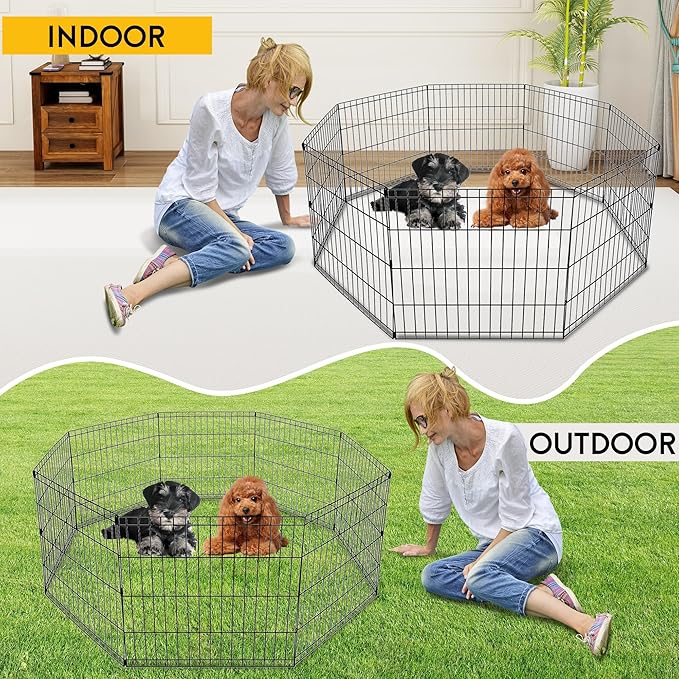 FDW 24 Inch Dog Pen 8 Panel Dog Playpen Indoor Outdoor Metal Puppy Pet Fence Portable Folding Animal Exercise Fence,Black