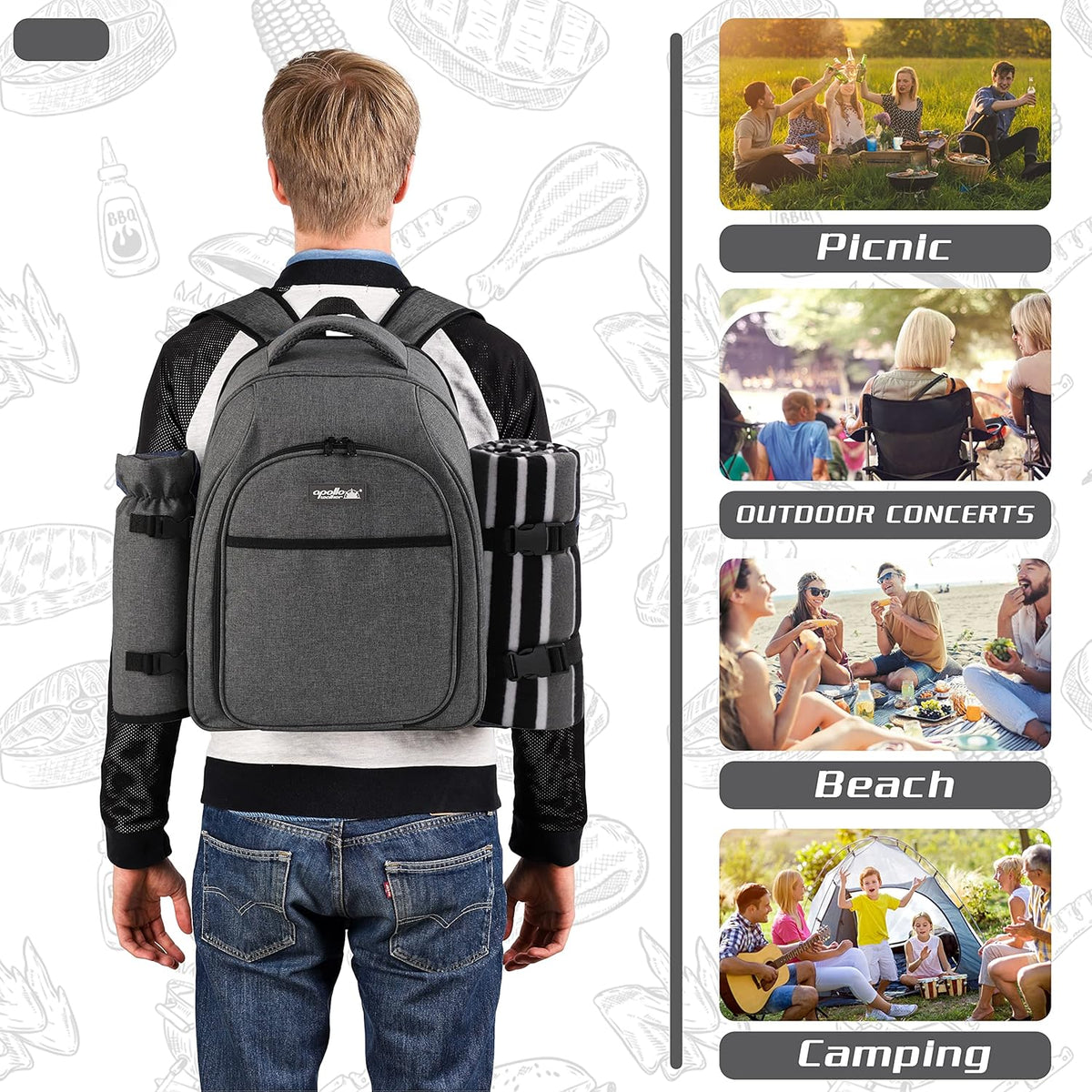 apollo walker Picnic Backpack Bag for 2 Person with Cooler Compartment, Detachable Bottle/Wine Holder, Fleece Blanket, Plates and Cutlery Set (2Person,Grey)