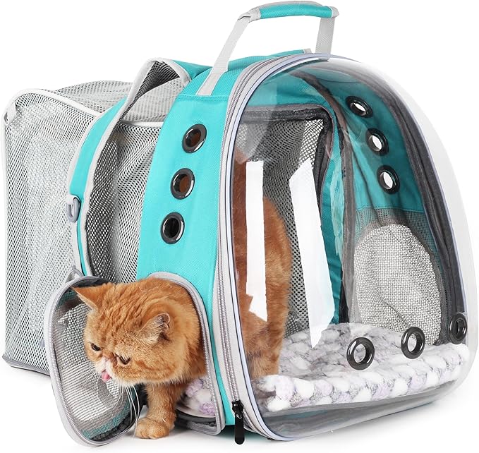 Lollimeow Cat Carrier Backpack, Bubble Expandable Backpack Carrier, Pets and Small Dogs,Airline-Approved, Designed for Travel, Hiking, Walking & Outdoor Use (Square Back Expandable-Green)
