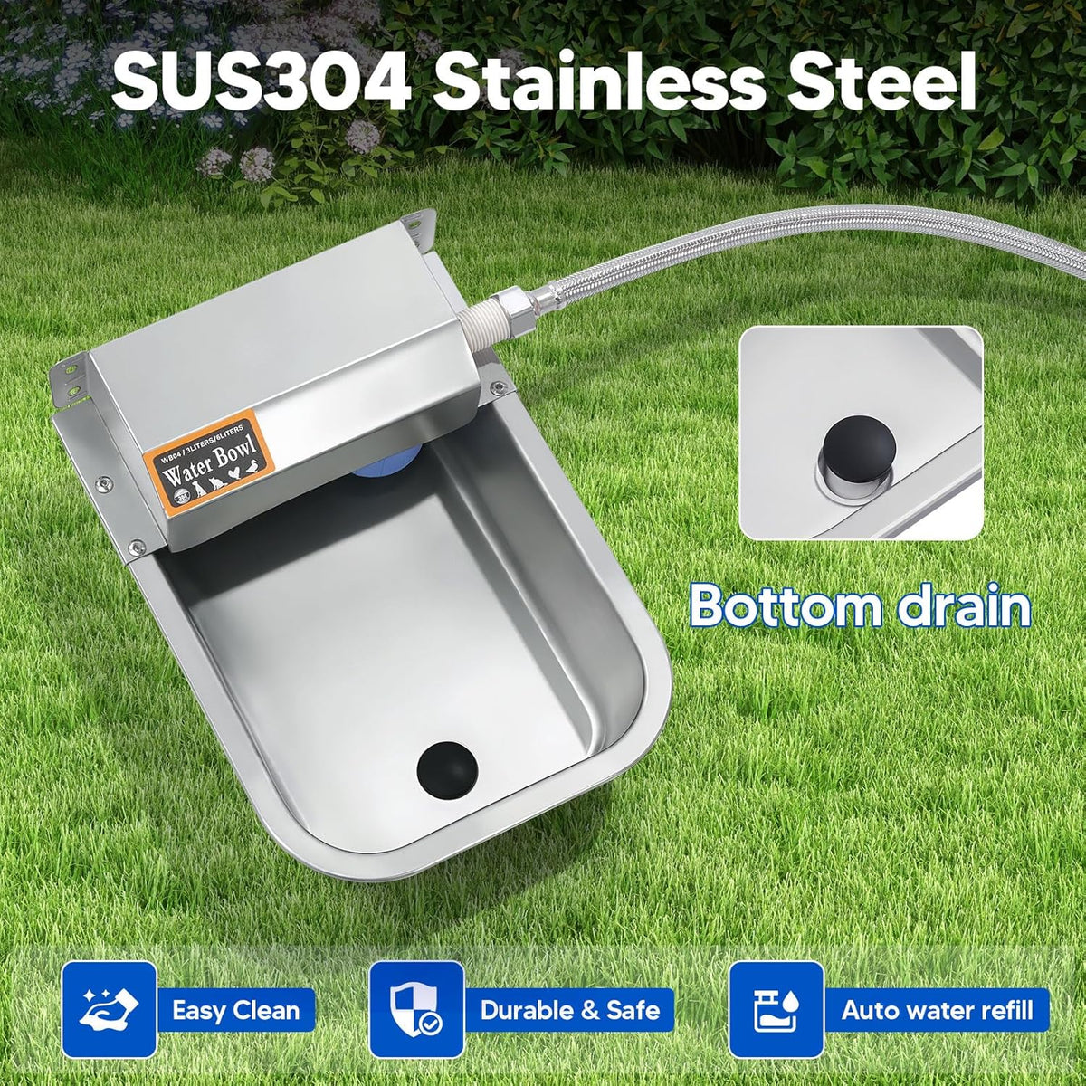Automatic Water Dispenser for Dog, 3L Dog Water Bowl Dispenser, Stainless Steel Indoor/Outdoor Water Feeder Suitable for Dogs Livestock Chicken Horse, Easy to Clean