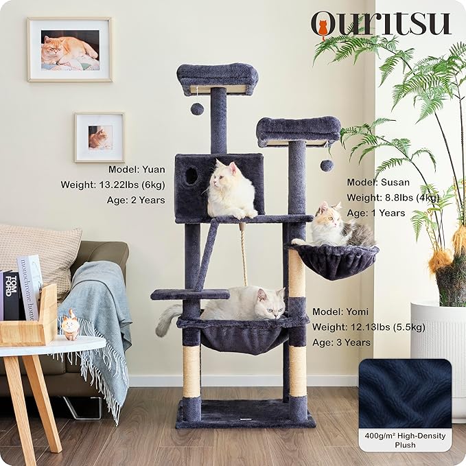 Ouritsu Cat Tree, 56 inch Tall Cat Tower for Large Cat Indoor, Large Condo, 2 Padded Perches, Steel-Framed Hammock, Scratching Post and ramp, Fluffy Basket, Dark Gray, LF001DG